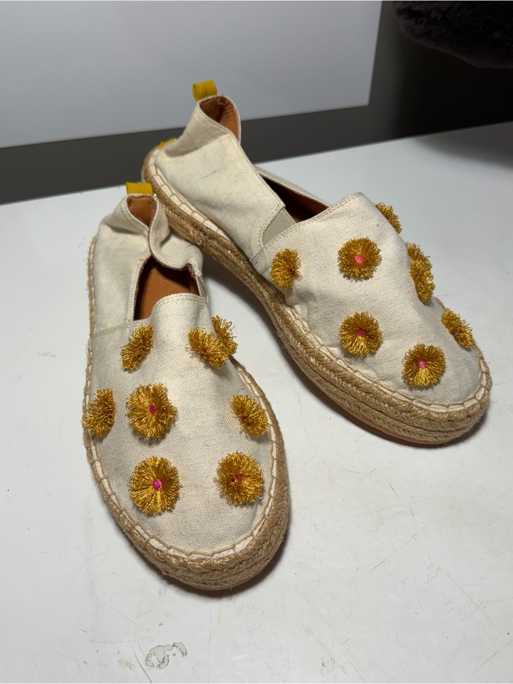Silvia Cobos Women’s 11 Cream Canvas Espadrilles-Gold Pom Floral Embellishments